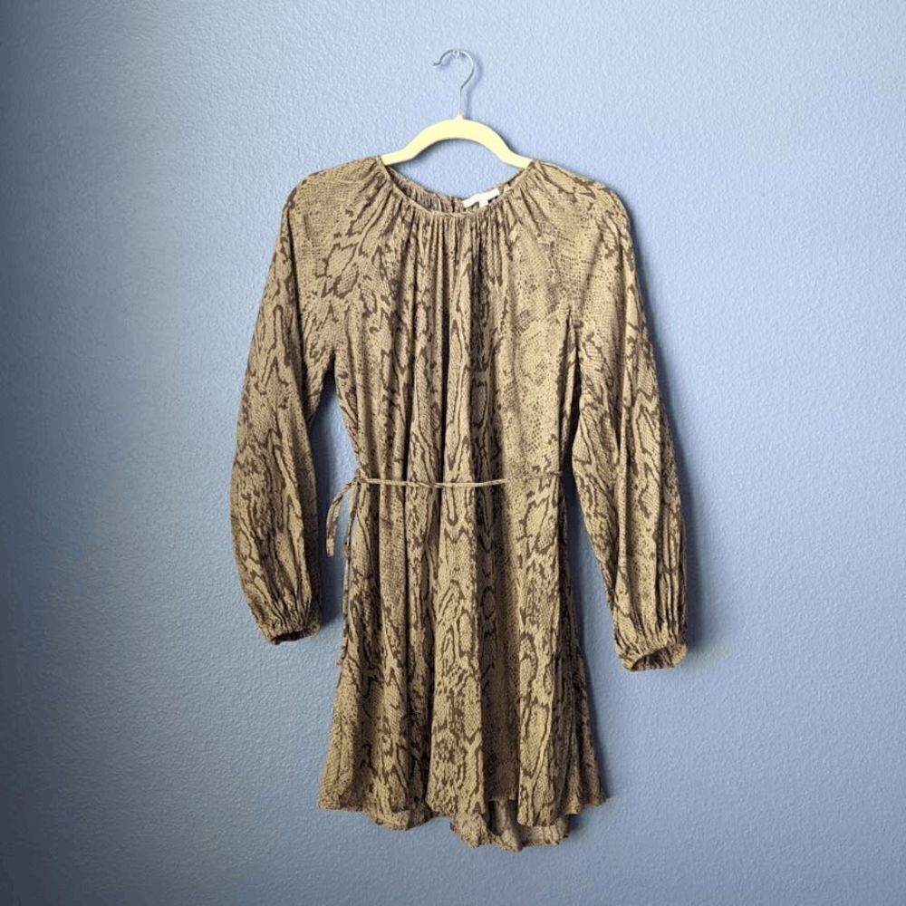 Women's Gb Long Sleeve Snake Print Dress Tie Waist Beige Brown Xs Round Neck Euc — image 7 of 8